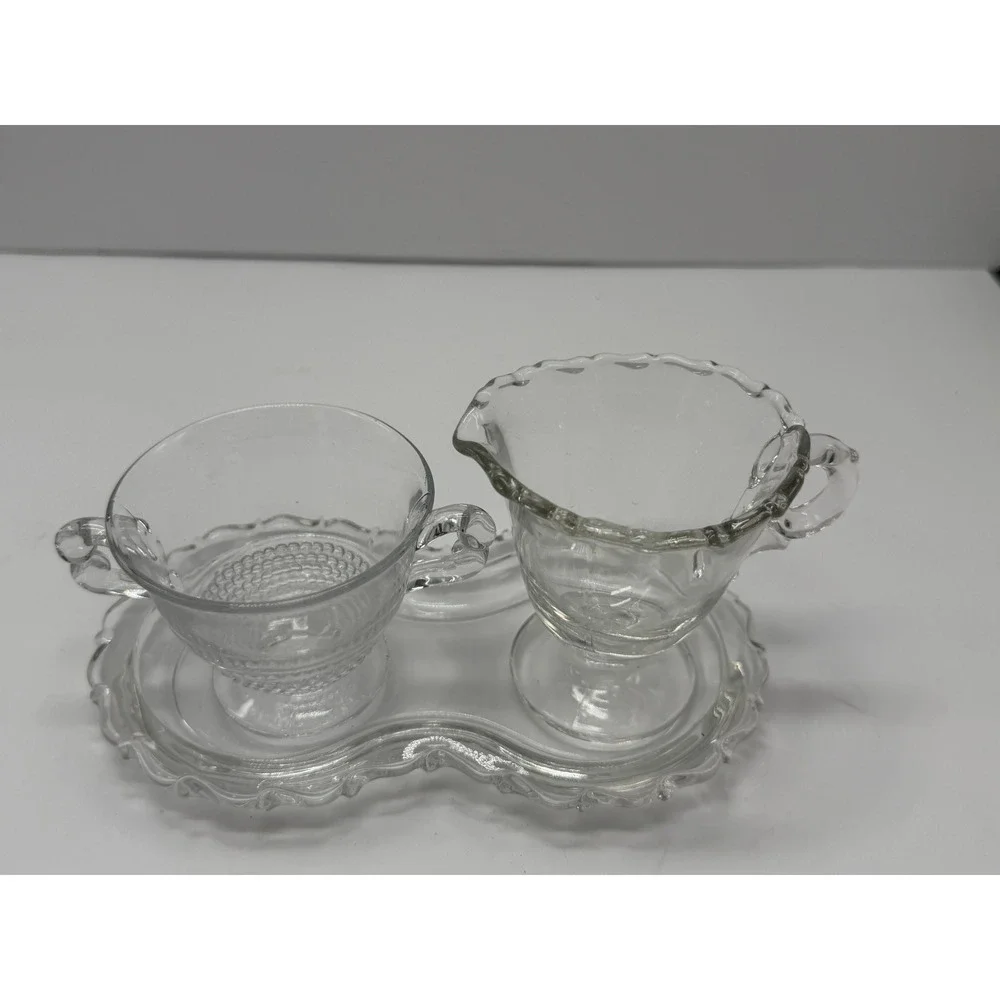 Vintage Clear Pressed Glass Creamer and Sugar Bowl Set with Scalloped Tray 3pc